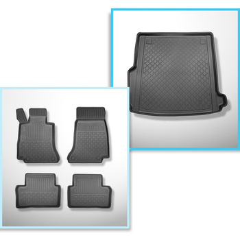 Csomagtérszőnyeg - és autószőnyegkészlet TPE: Mercedes-Benz E osztály W213 Kombi (11.2016-07.2023) - szintén modellekhez rögzítő sínekkel; nem a Plug-in Hibrid verzióhoz